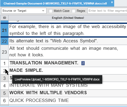 TXLF Editor showing Chained Files tab