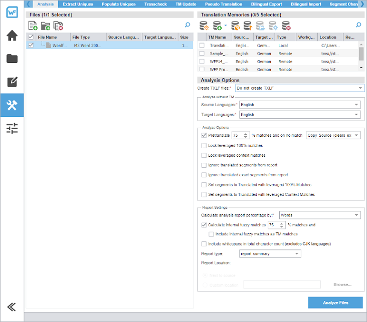 Quick tools analysis tab