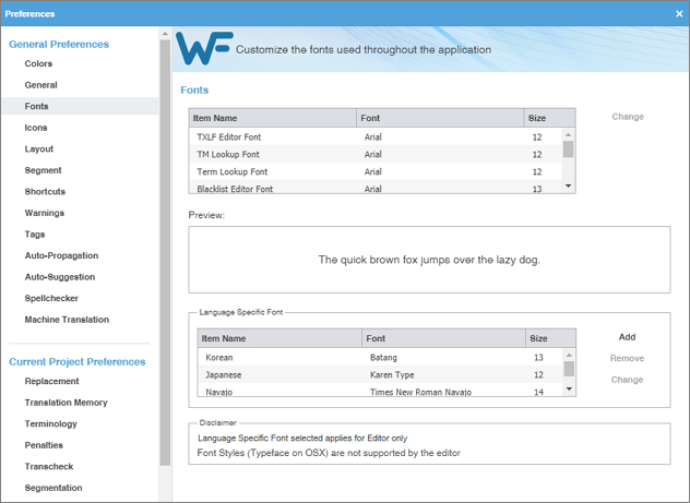 Preferences pane showing fonts selected