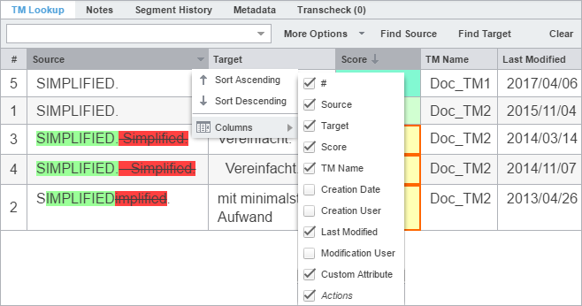 Editor pane Column head drop-down menu