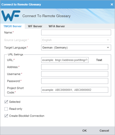 Connect to remote glossary dialog