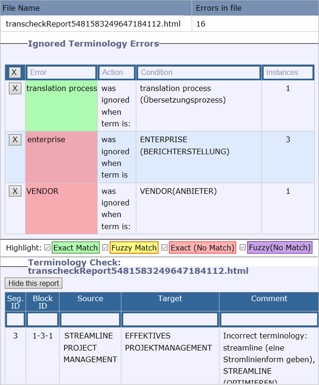 Transcheck Report