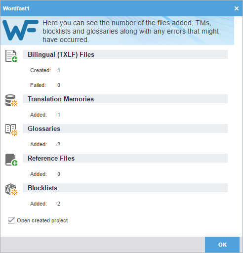 Project creation summary dialog