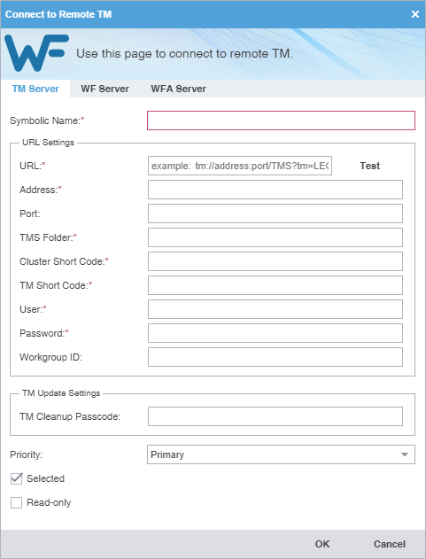 Connect to remote TM dialog