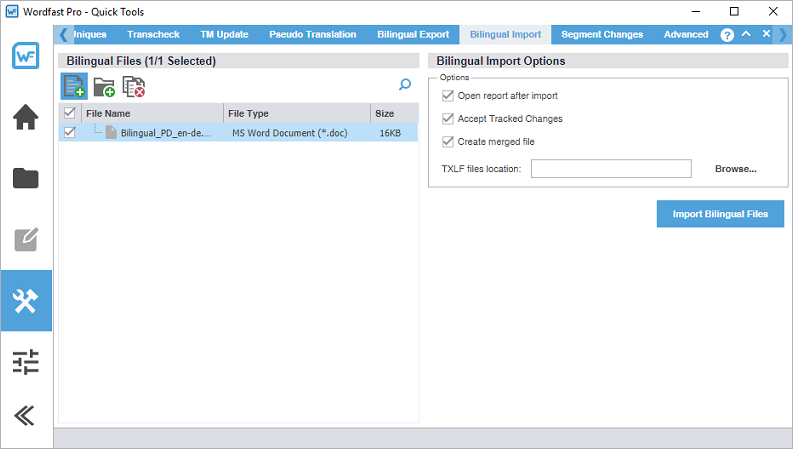 Quick tools Bilingual Import tab