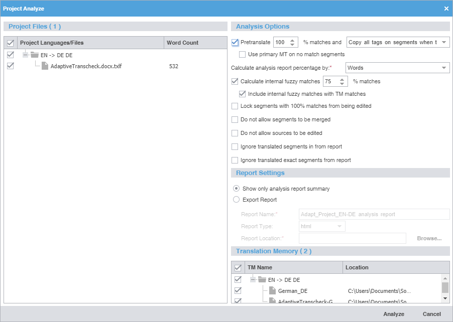 Project Analysis dialog