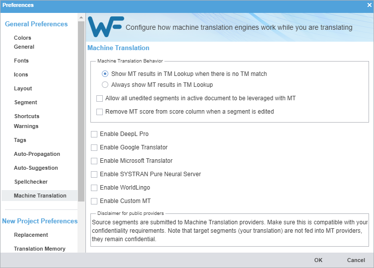 Machine Translation Preferences pane