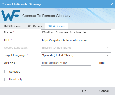 Connect to remote glossary dialog