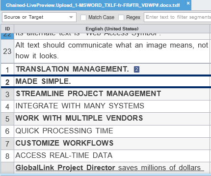 TXLF Editor showing Chained Files tab with file name of the active segment