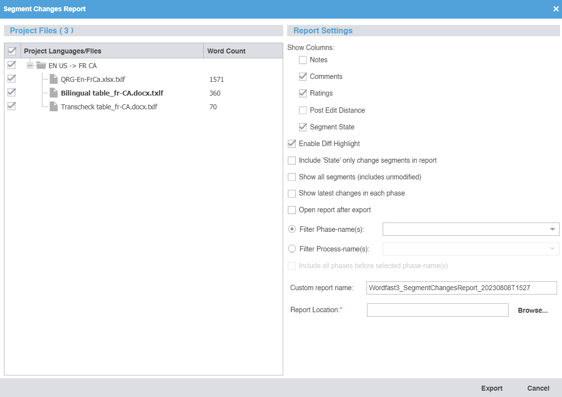 Segment changes report dialog