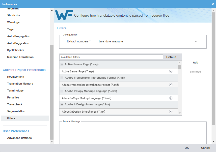 Preferences dialog showing Filters selected