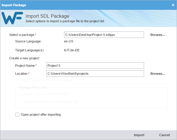 Import SDL package dialog