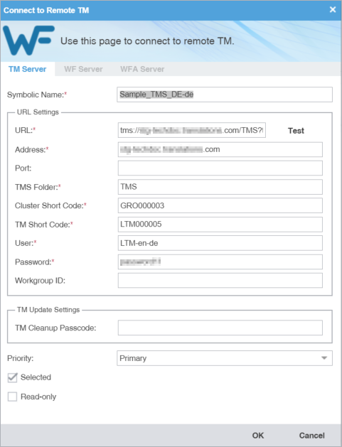 Connect to remote TM dialog