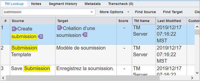 TM lookup results