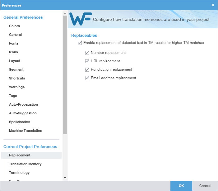 Preferences dialog with Replacement tab selected