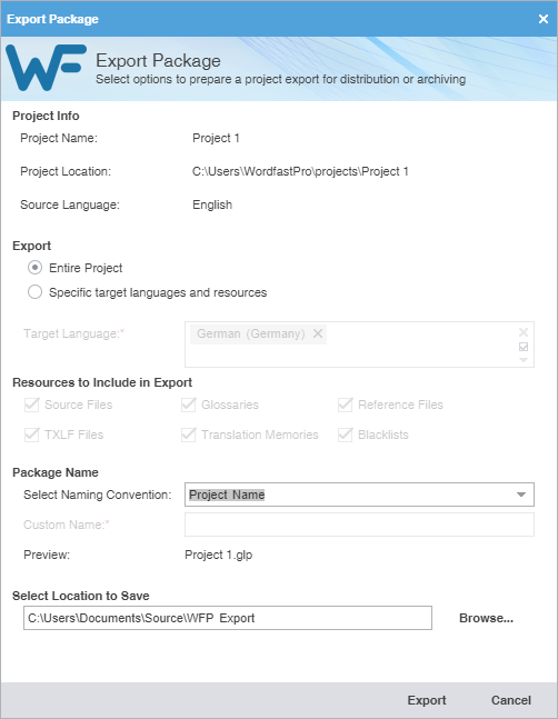 Export package dialog