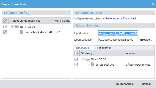 Project transcheck dialog