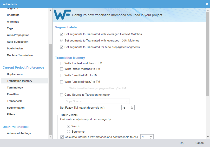 Translation Memory Preferences pane